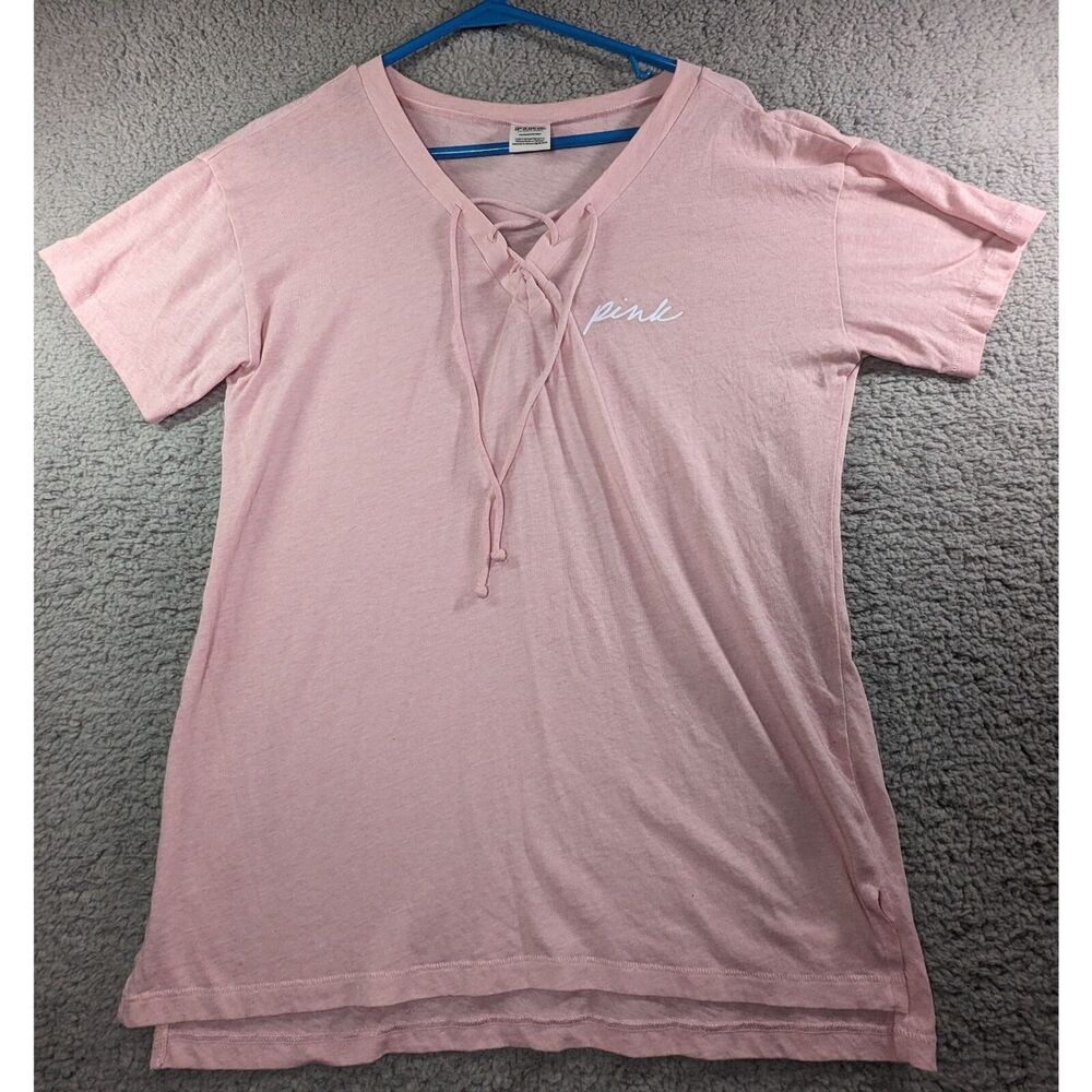 Victoria’s Secret PINK Womens Short Sleeve Pink V-Neck Shirt Size S White logo